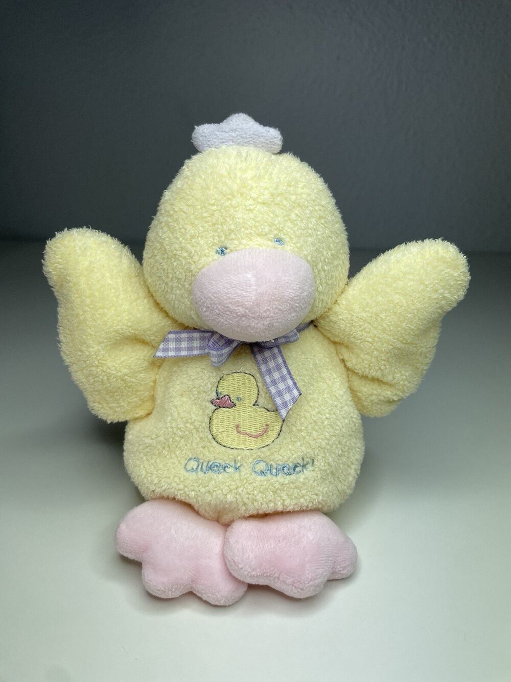 Vintage Carters Prestige Quack Quack Duck Plush 7” Yellow Pastel Rattle Bow Baby